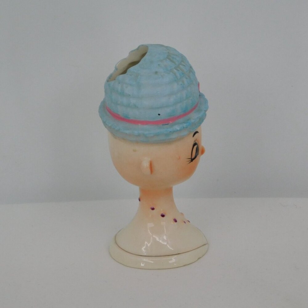Head Vase Girl Blue Knitted Hat Vintage Japan Ceramic Small Rare 4.5" High FLAW - Picture 4 of 7